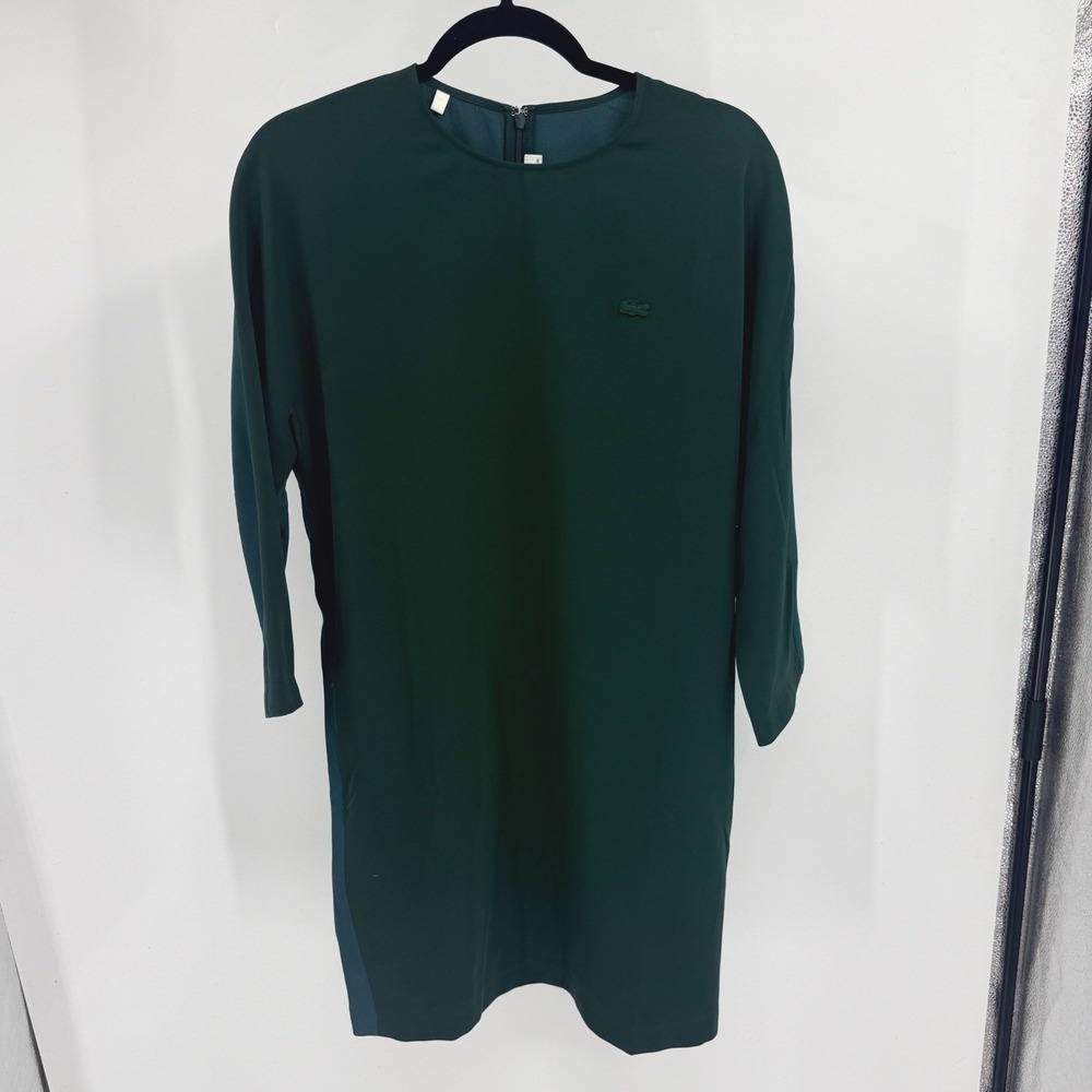 Lacoste Forest Green Textured Long Sleeve Shift Dress 36 Preppy Logo Career